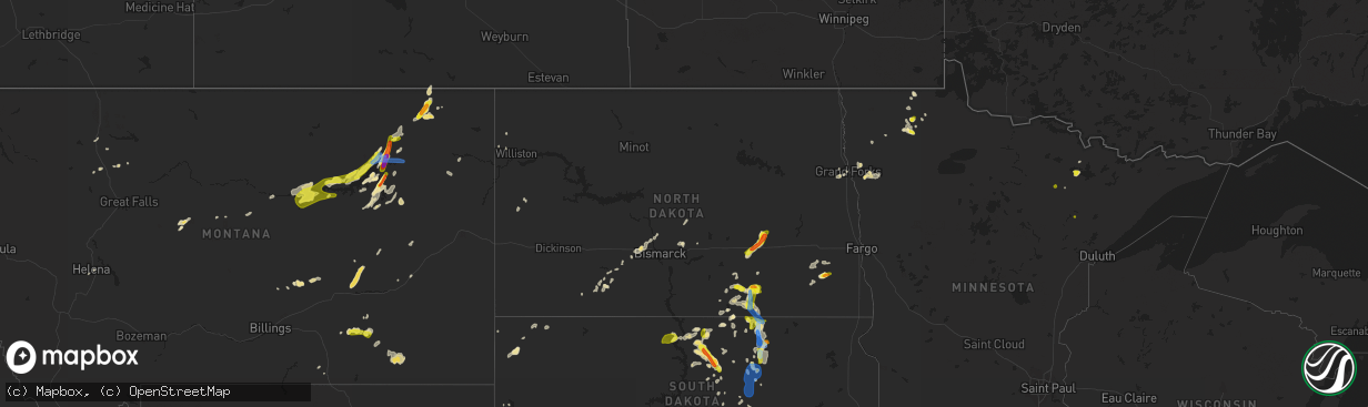 Hail map in North Dakota on July 4, 2020