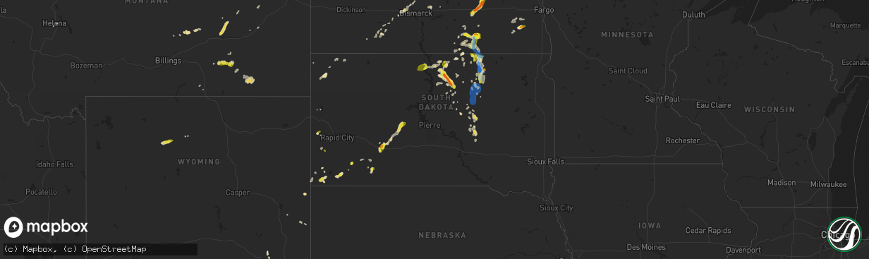 Hail map in South Dakota on July 4, 2020