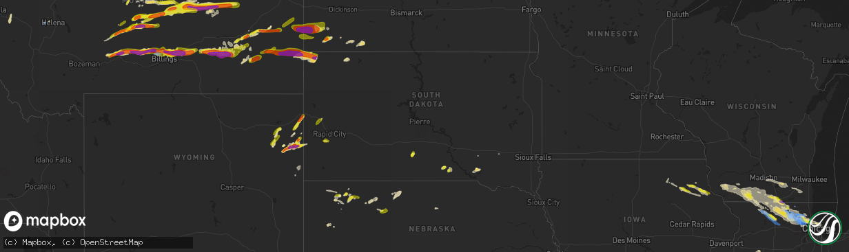 Hail map in South Dakota on July 4, 2022