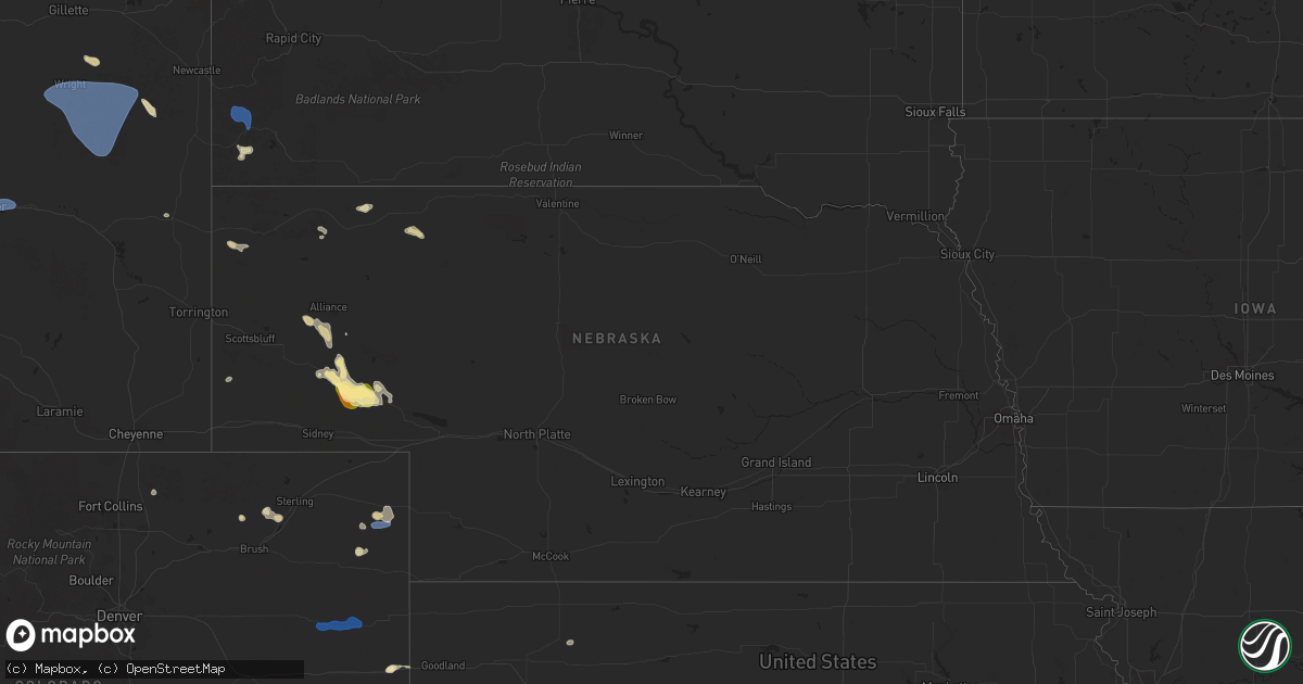 Hail map in Nebraska on July 4, 2025