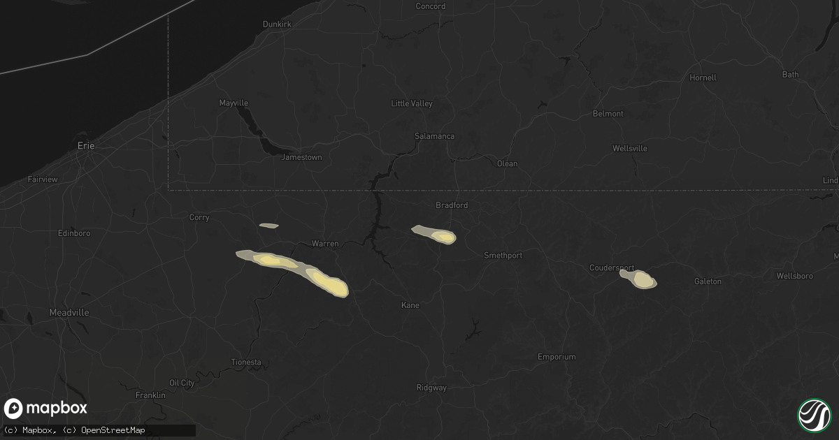 Hail map in Bradford, PA on July 4, 2026
