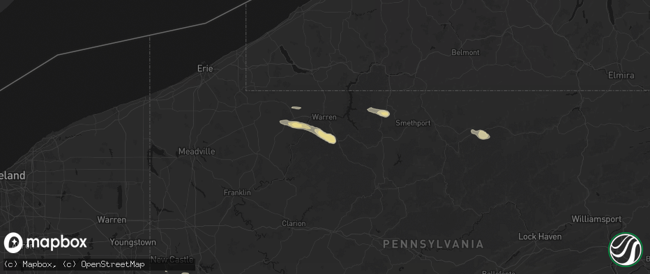 Hail map in Clarendon, PA on July 4, 2026
