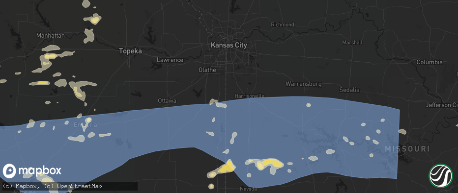 Hail map in Cleveland, MO on July 4, 2026