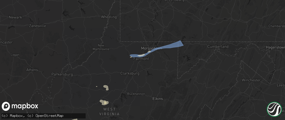 Hail map in Fairmont, WV on July 4, 2026