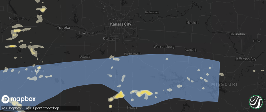 Hail map in Harrisonville, MO on July 4, 2026
