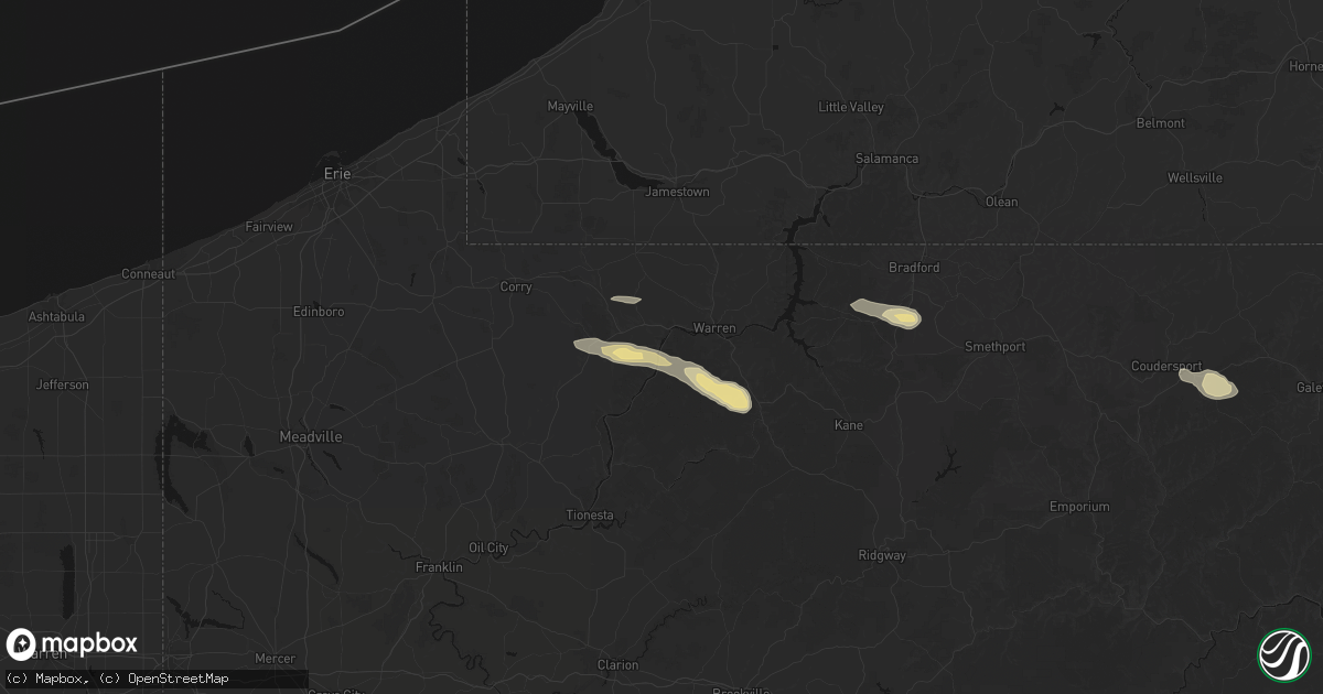 Hail map in Irvine, PA on July 4, 2026