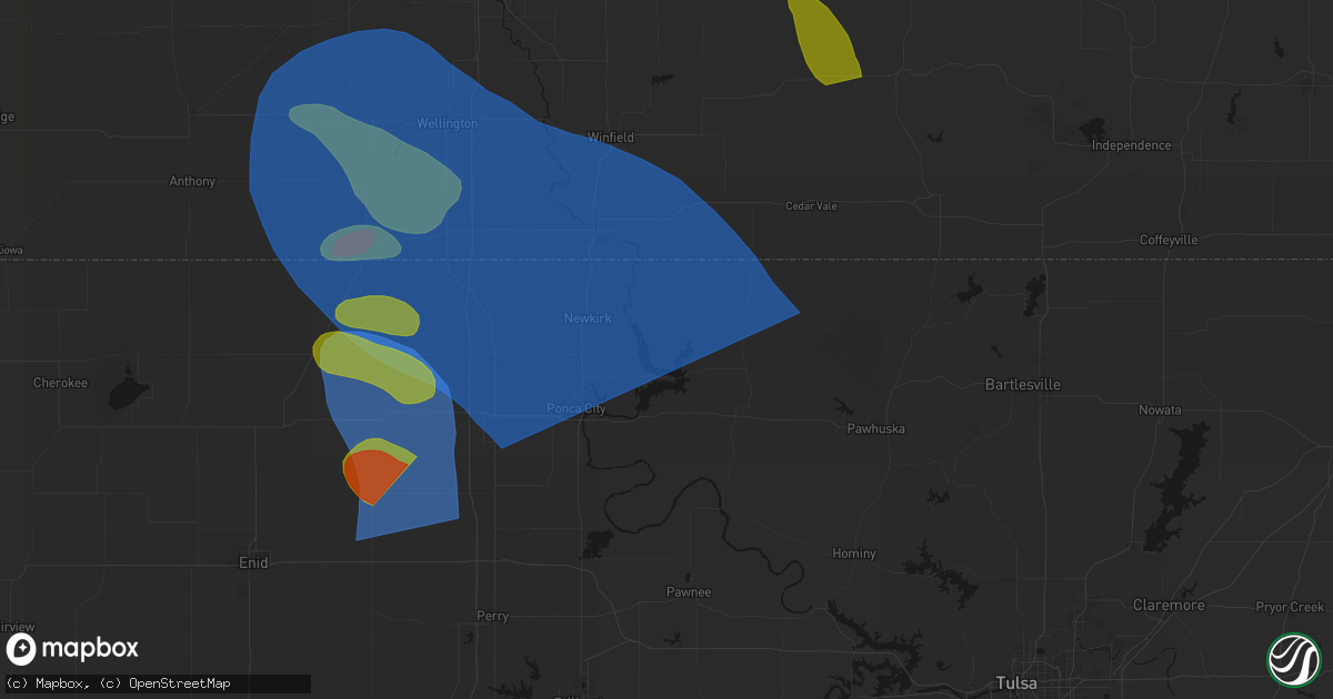 Hail map in Kaw City, OK on July 4, 2026