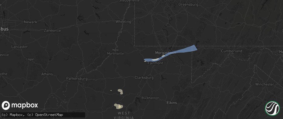 Hail map in Mannington, WV on July 4, 2026
