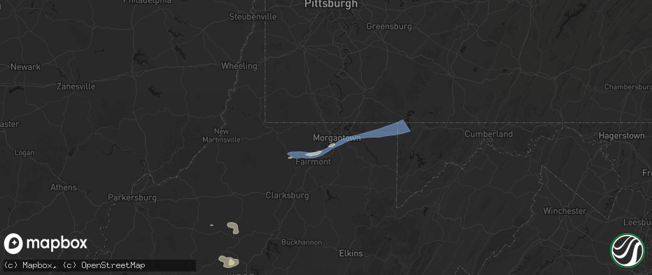 Hail map in Morgantown, WV on July 4, 2026
