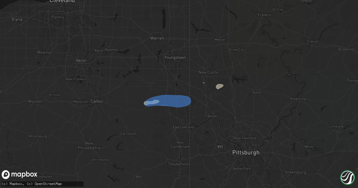 Hail map in New Waterford, OH on July 4, 2026