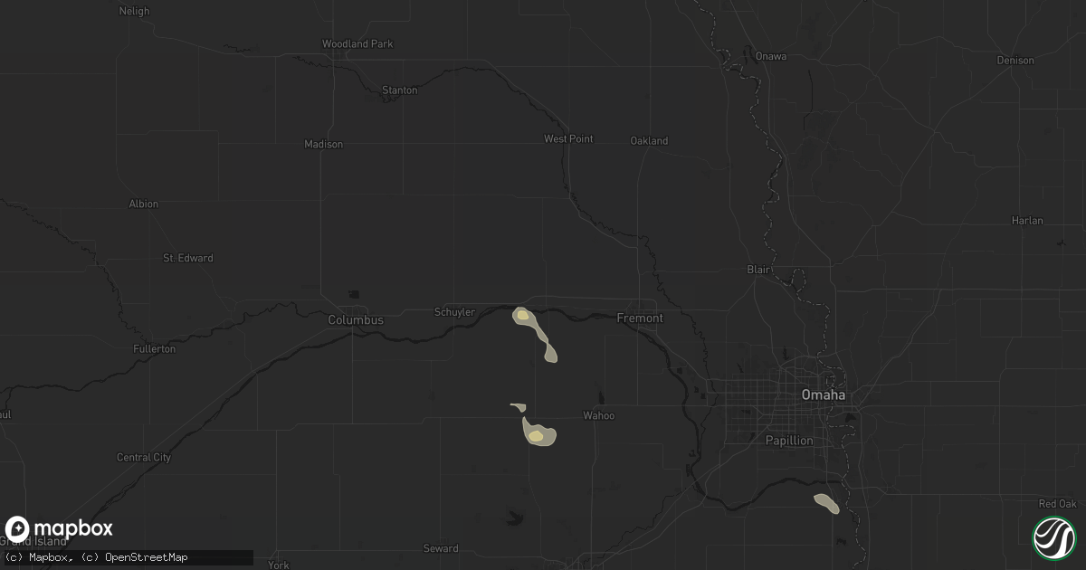 Hail map in North Bend, NE on July 4, 2026
