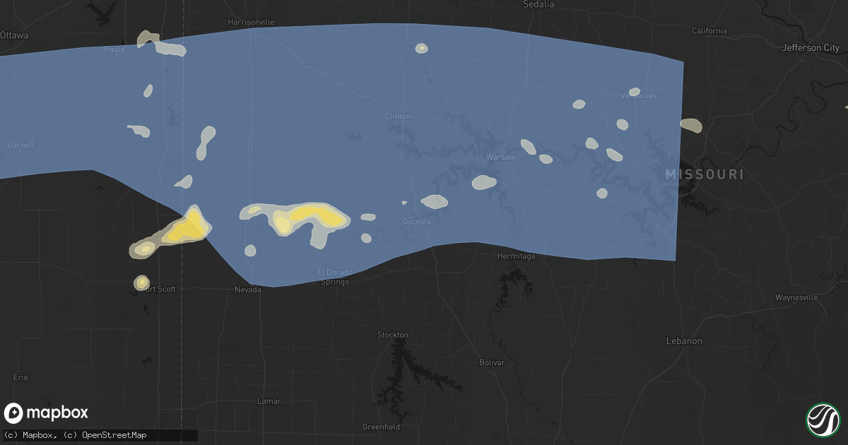 Hail map in Osceola, MO on July 4, 2026