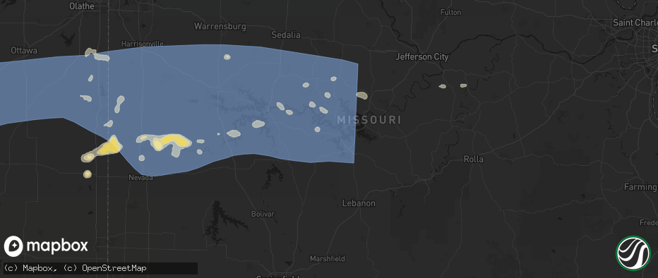 Hail map in Roach, MO on July 4, 2026