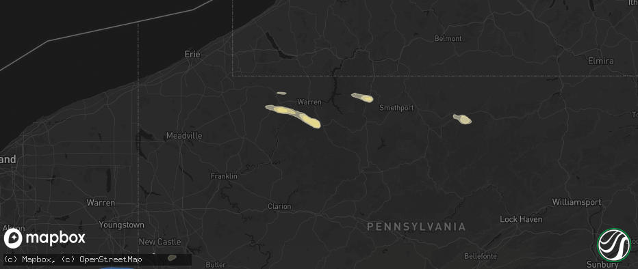 Hail map in Sheffield, PA on July 4, 2026