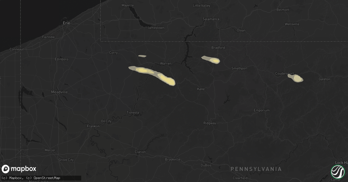 Hail map in Sheffield, PA on July 4, 2026