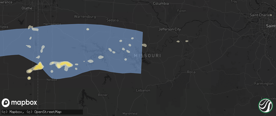 Hail map in Sunrise Beach, MO on July 4, 2026