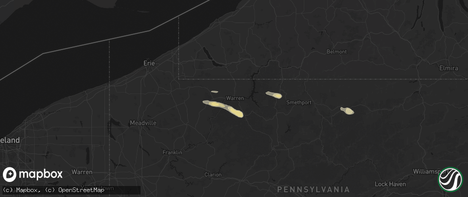 Hail map in Warren, PA on July 4, 2026