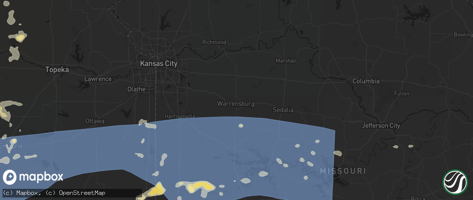 Hail map in Warrensburg, MO on July 4, 2026