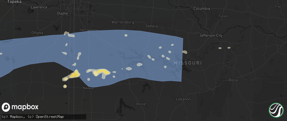 Hail map in Warsaw, MO on July 4, 2026