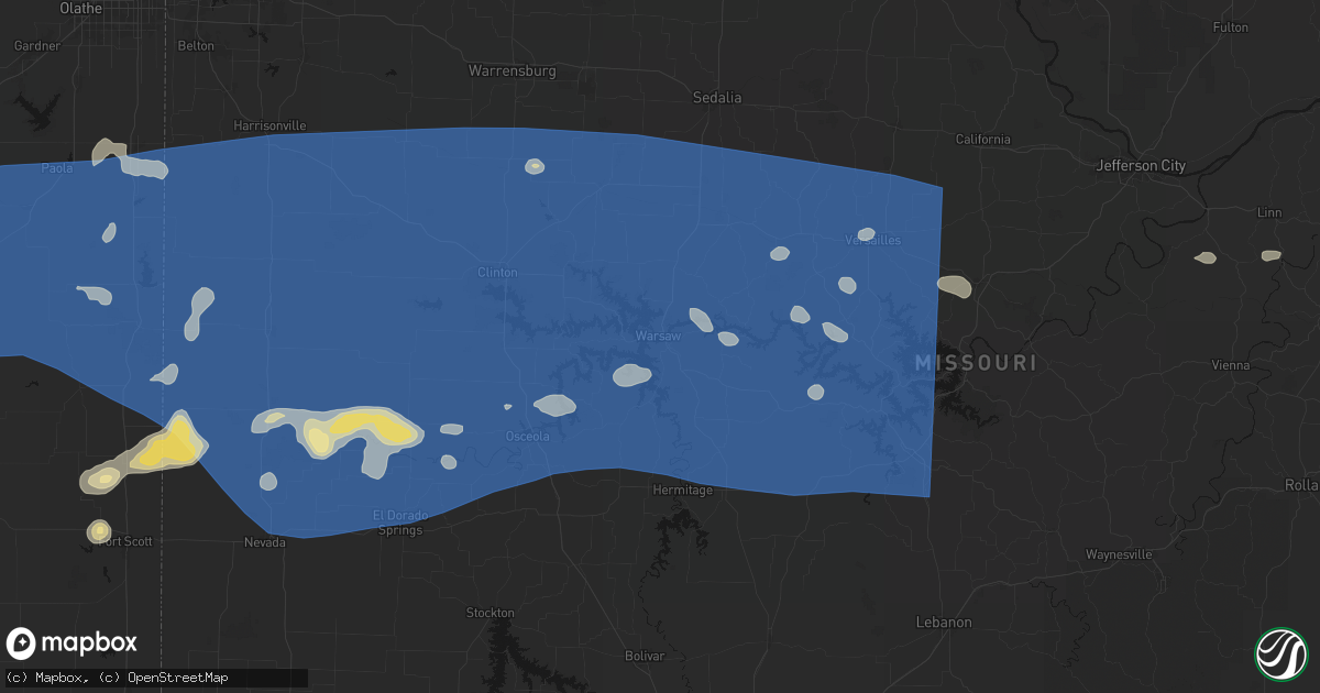 Hail map in Warsaw, MO on July 4, 2026