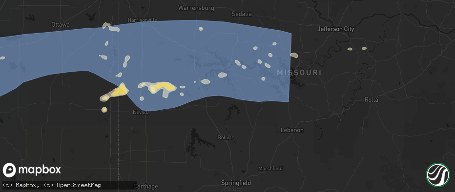 Hail map in Wheatland, MO on July 4, 2026