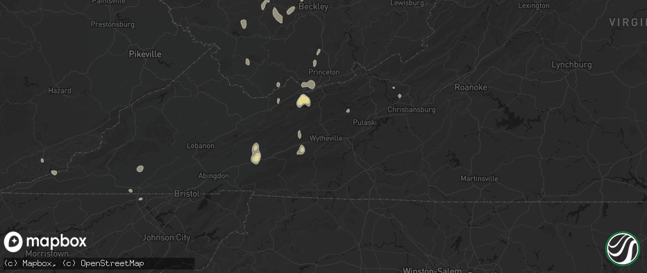 Hail map in Wytheville, VA on July 4, 2026