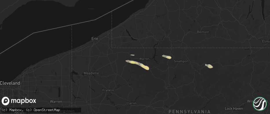 Hail map in Youngsville, PA on July 4, 2026