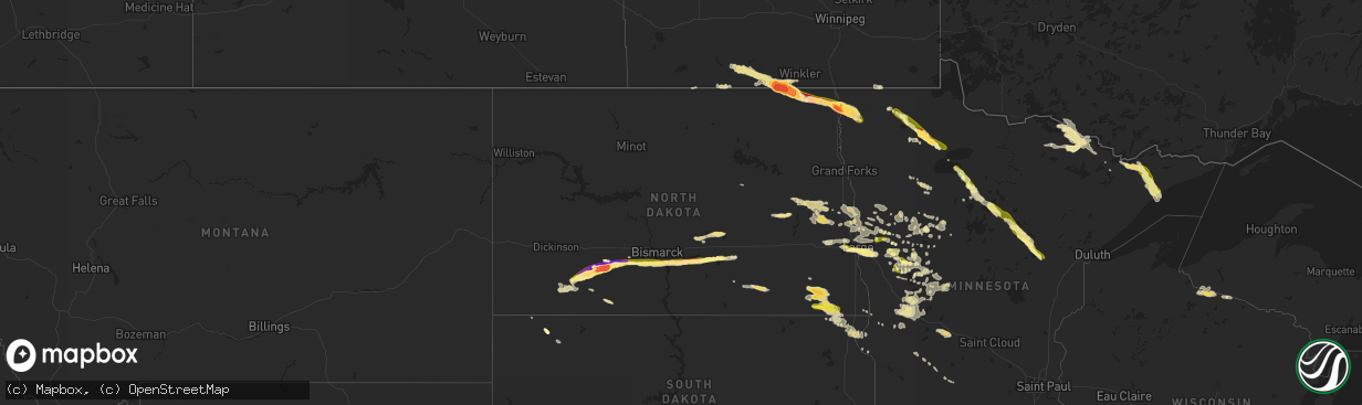 Hail map in North Dakota on July 5, 2014