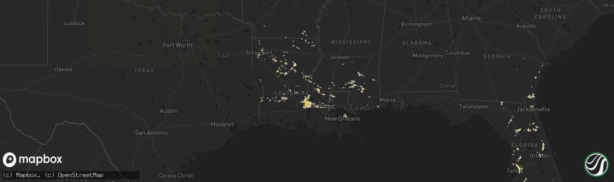 Hail map in Louisiana on July 5, 2015