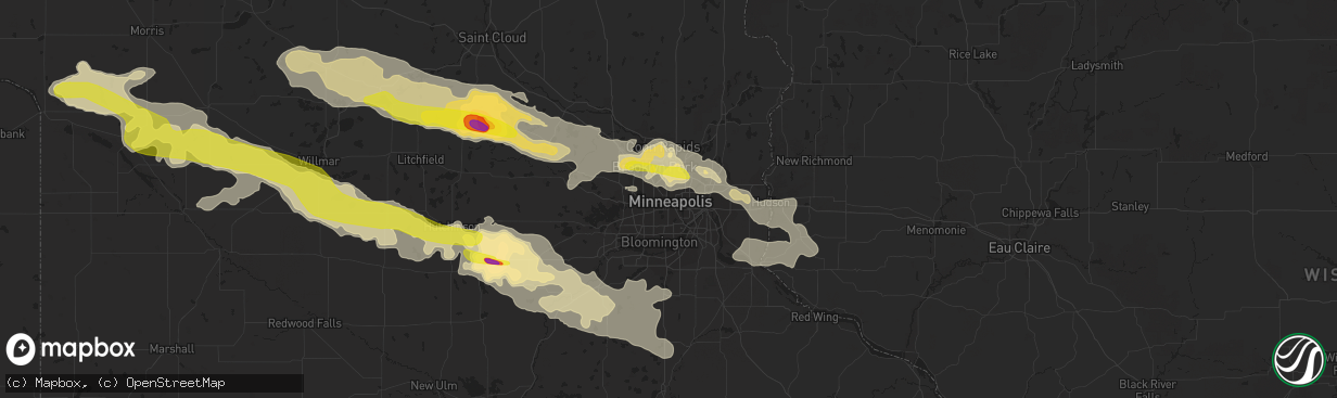 Hail map in Minneapolis, MN on July 5, 2016