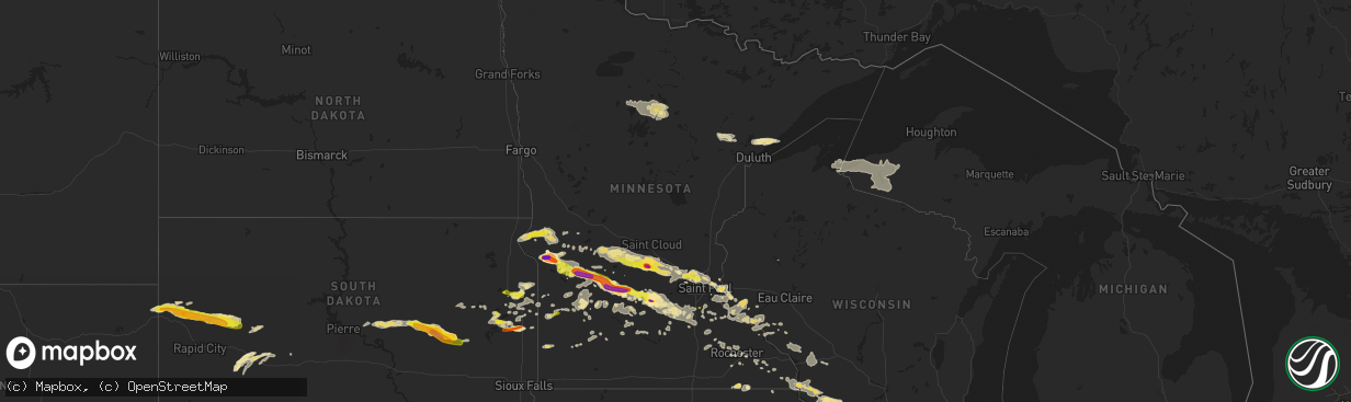 Hail map in Minnesota on July 5, 2016