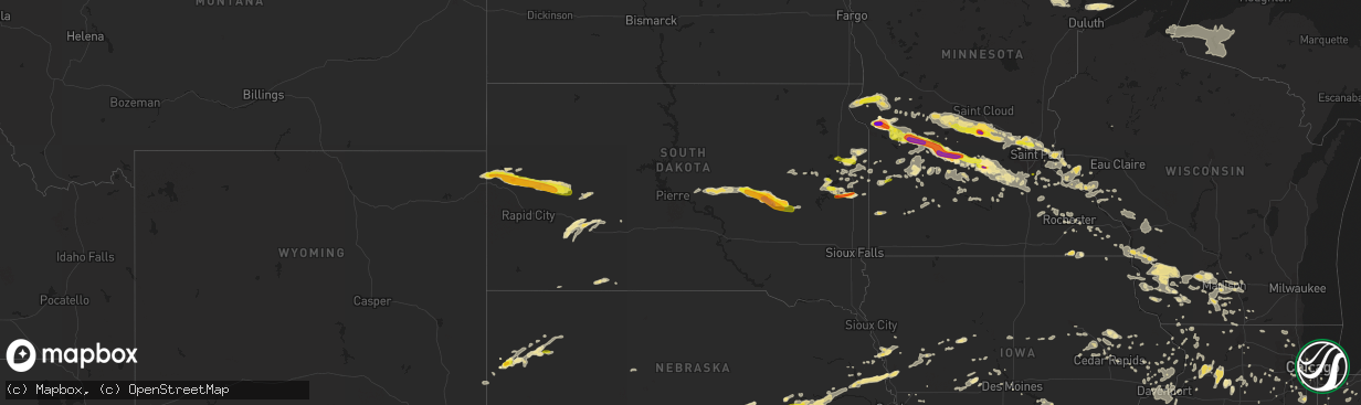 Hail map in South Dakota on July 5, 2016