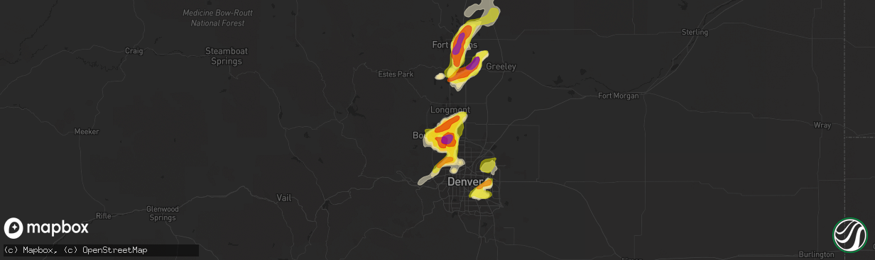 Hail map in Boulder, CO on July 5, 2019