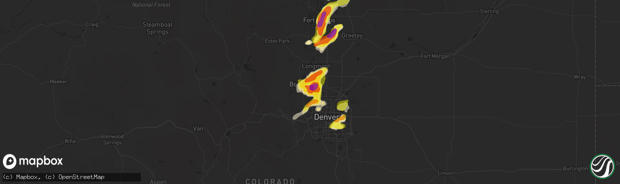 Hail map in Louisville, CO on July 5, 2019