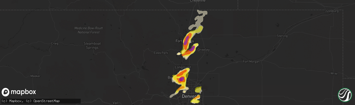 Hail map in Loveland, CO on July 5, 2019