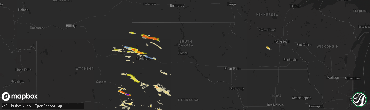 Hail map in South Dakota on July 5, 2019