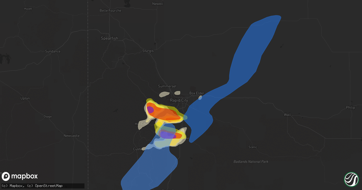 Hail map in Rapid City, SD on July 5, 2020