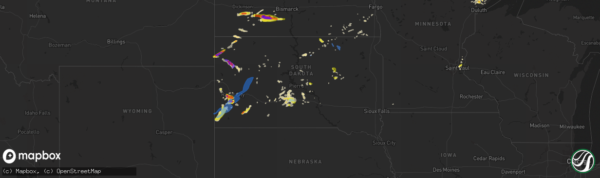 Hail map in South Dakota on July 5, 2020