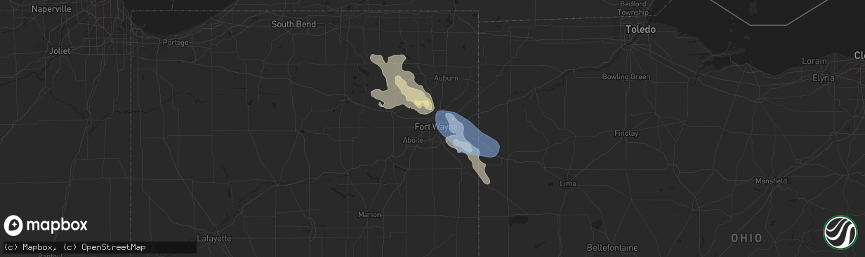 Hail map in Fort Wayne, IN on July 5, 2022