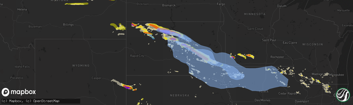 Hail map in South Dakota on July 5, 2022
