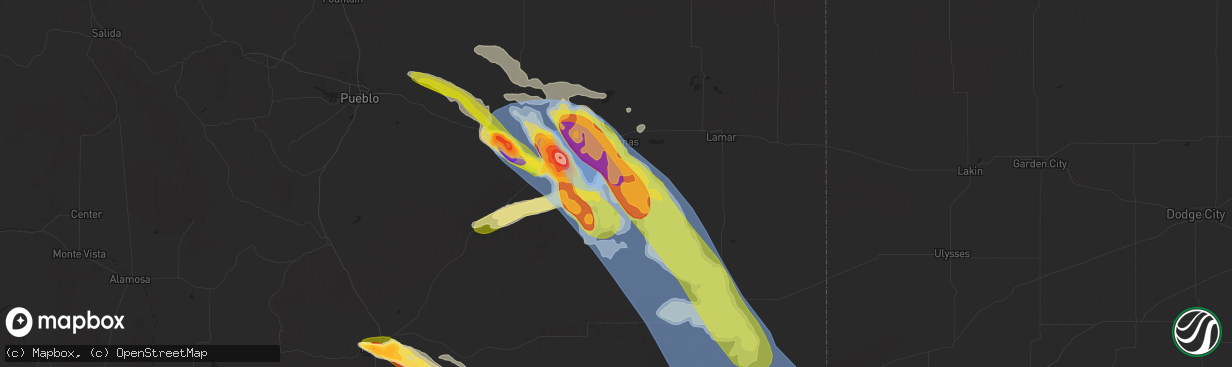 Hail map in Las Animas, CO on July 5, 2023