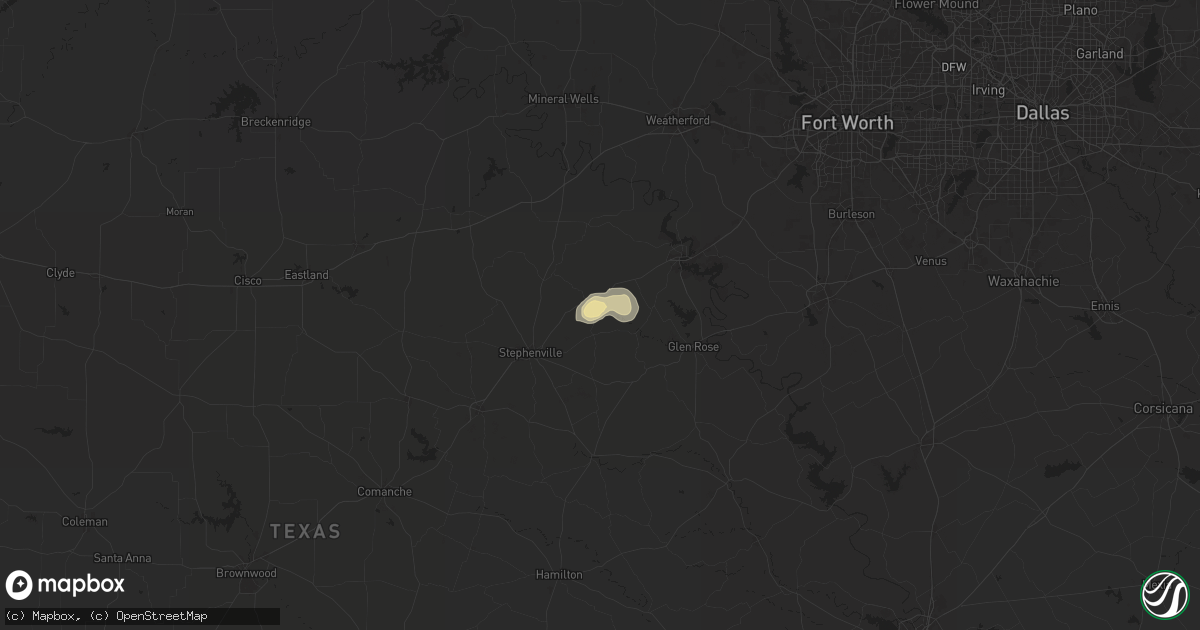 Hail map in Bluff Dale, TX on July 5, 2024