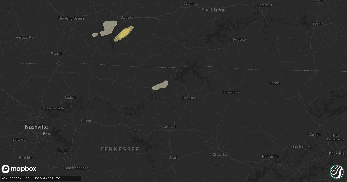 Hail map in Hilham, TN on July 5, 2024