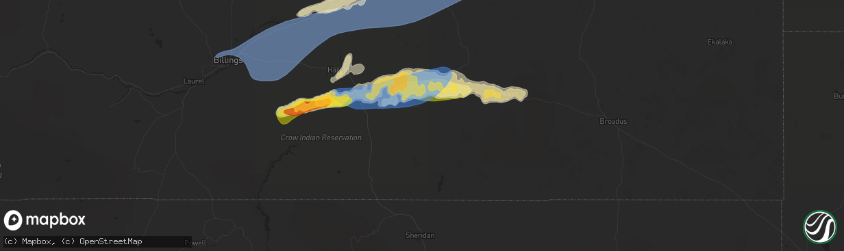 Hail map in Busby, MT on July 5, 2025