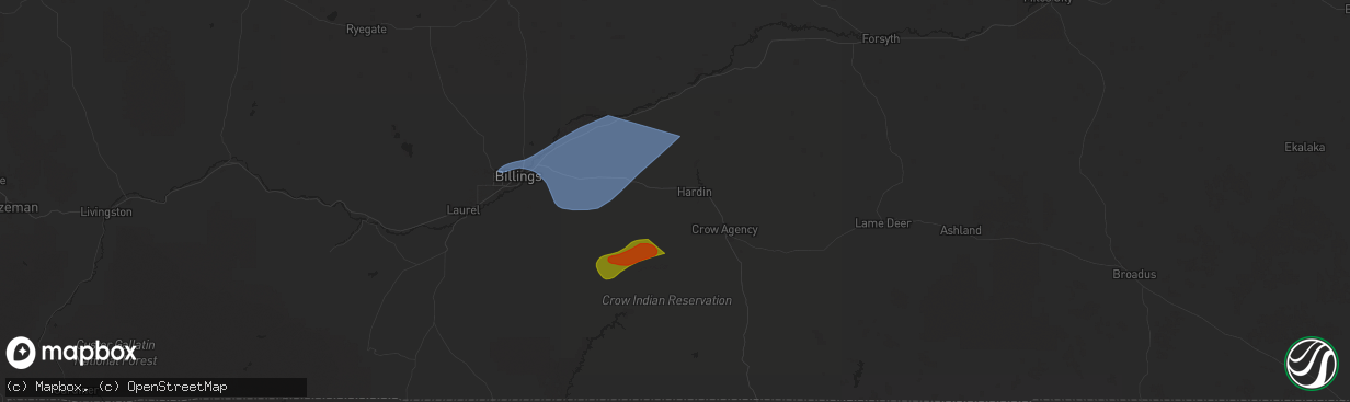 Hail map in Hardin, MT on July 5, 2025