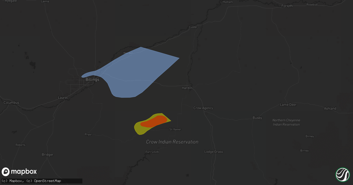 Hail map in Hardin, MT on July 5, 2025