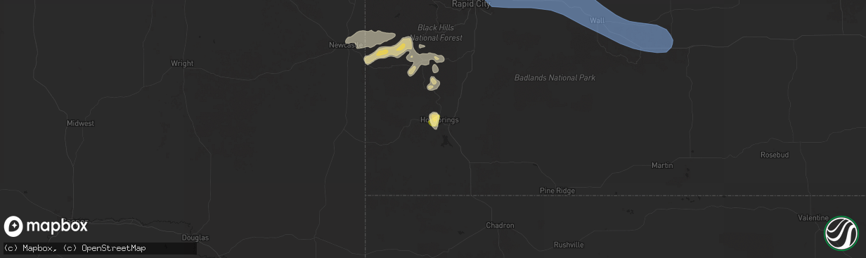 Hail map in Hot Springs, SD on July 5, 2025