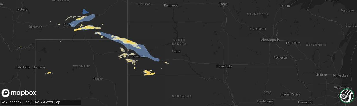 Hail map in South Dakota on July 5, 2025