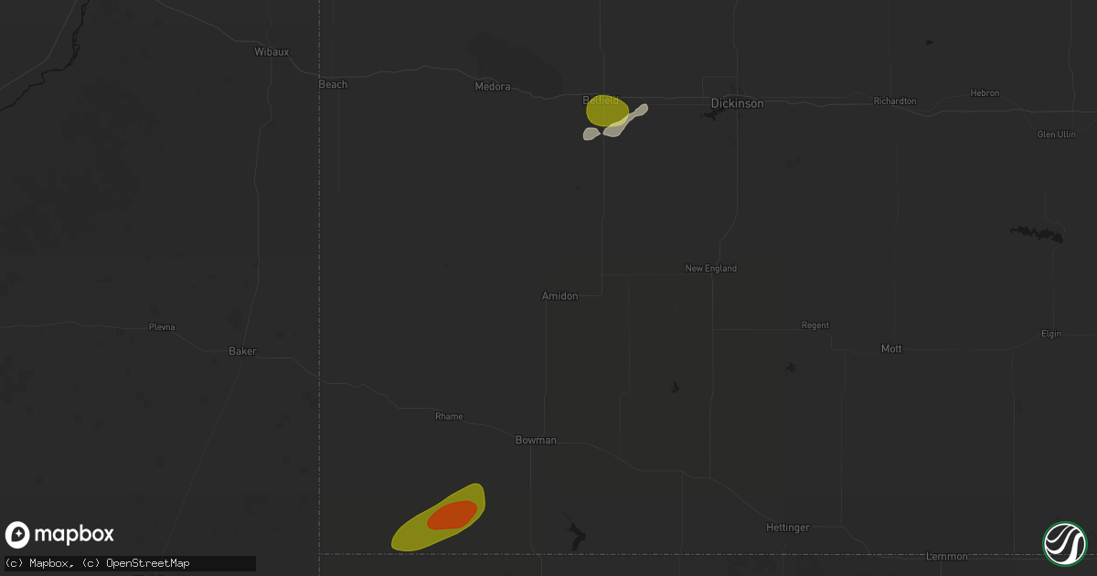 Hail map in Amidon, ND on July 5, 2026