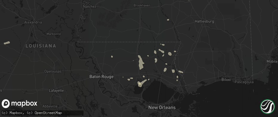 Hail map in Amite, LA on July 5, 2026